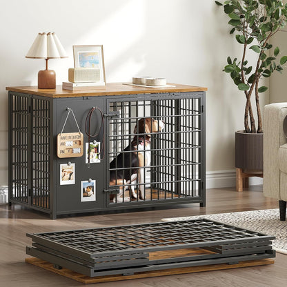Foldable Dog Crate Furniture, Dog Crate with DIY Frame, Heavy Duty Dog Kennel Indoor with Hooks, Wooden Dog Cage End Table, for Small/Medium Dogs, White and Walnut DC95WH