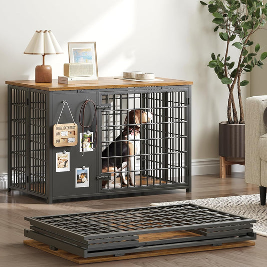 Foldable Dog Crate Furniture, Dog Crate with DIY Frame, Heavy Duty Dog Kennel Indoor with Hooks, Wooden Dog Cage End Table, for Small/Medium Dogs, White and Walnut DC95WH