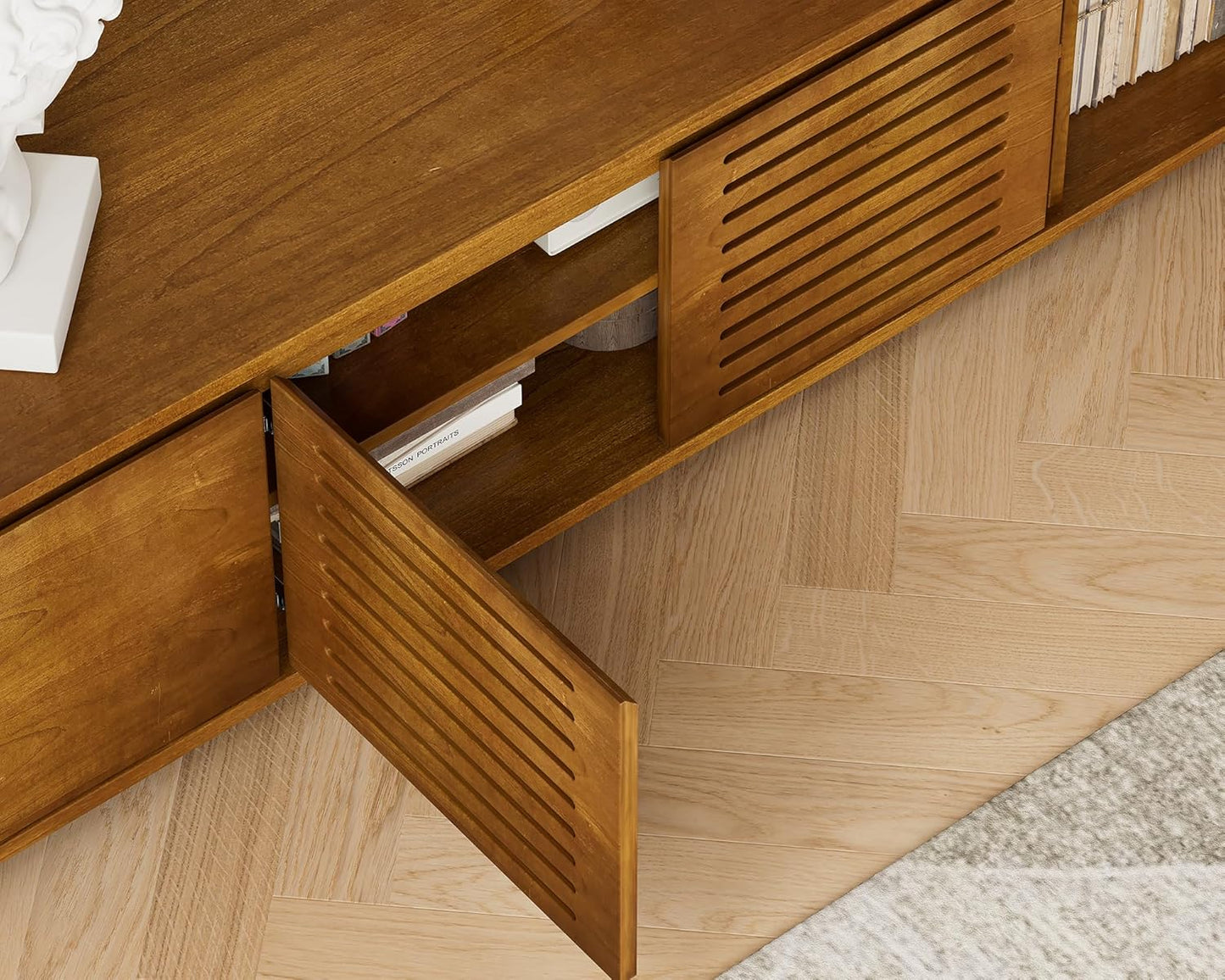 Mid Century Modern TV Stand,Extendable Entertainment Center for 65/70/75/80 Inch Tv,Media Console for Living Room&Bedroom, Walnut