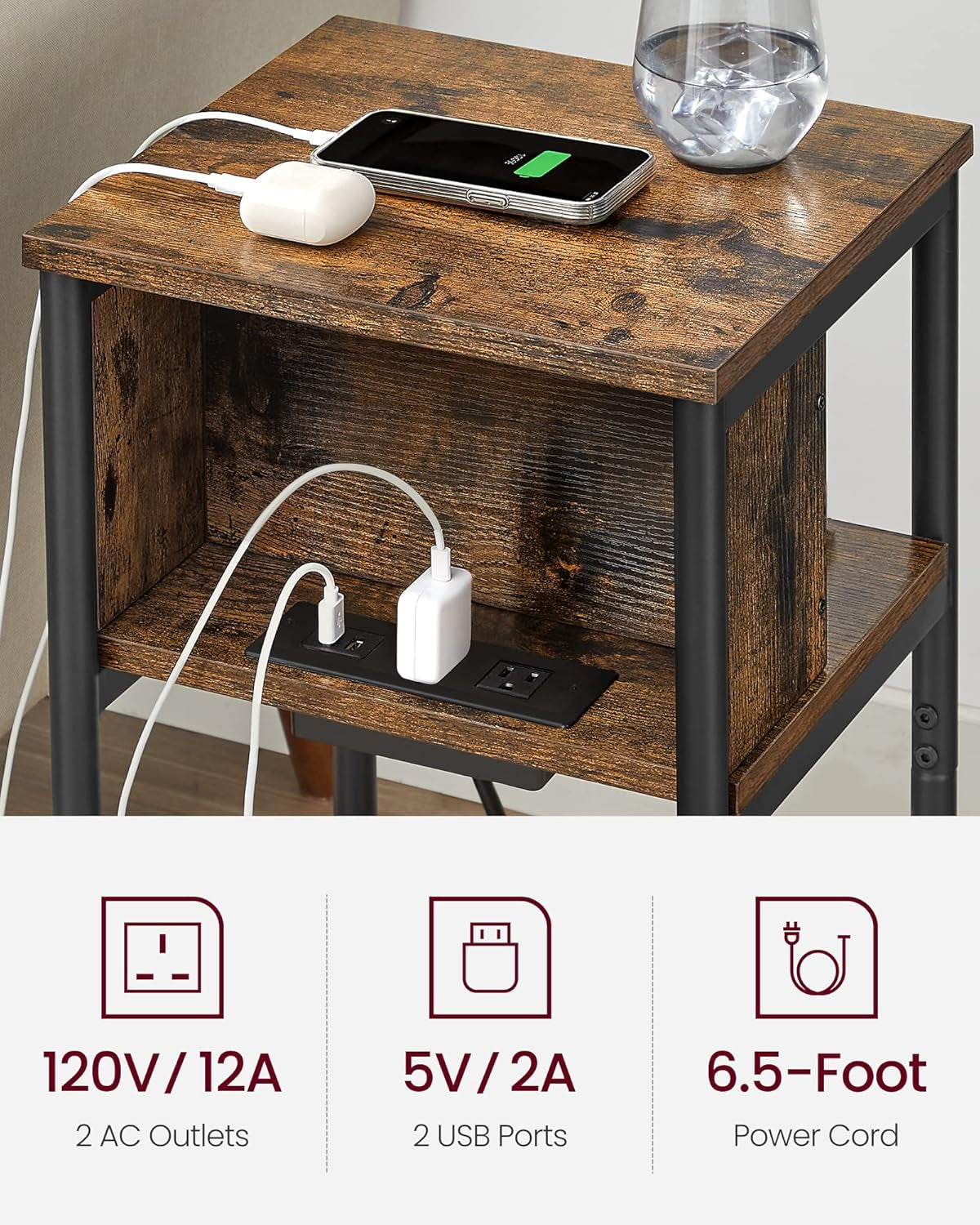 Side Table with Charging Station, 3-Tier End Table with USB Ports and Outlets, Nightstand for Living Room, Bedroom, 11.8 X 13.4 X 22.8 Inches, Plug-In Series, Chestnut Brown and Black