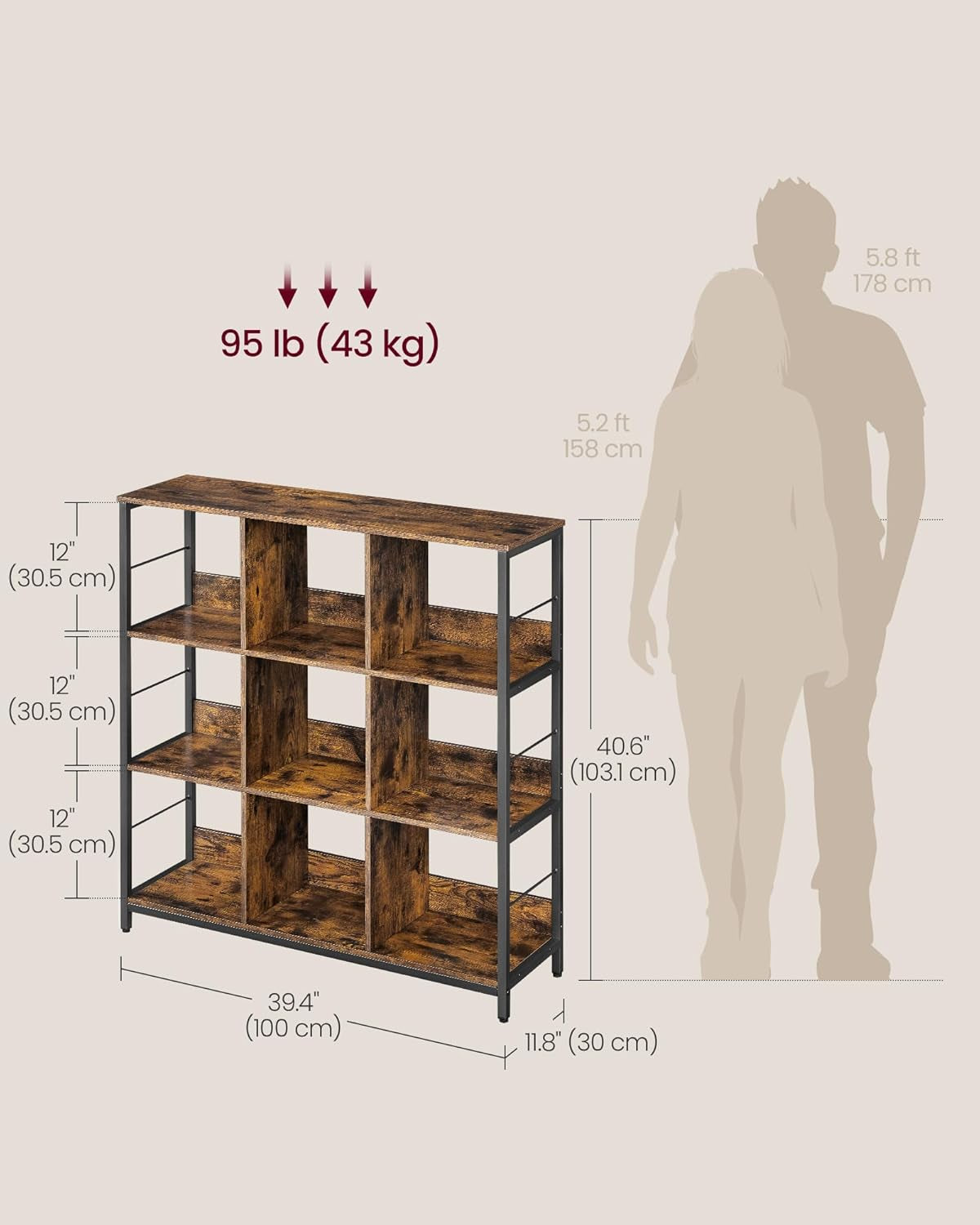 Bookshelf, Bookcase, 9 Cubes Storage Organizer, Industrial Open Display Shelf, for Bedroom, Office, Living Room, Metal Frame, Rustic Brown and Black ULLS112B01