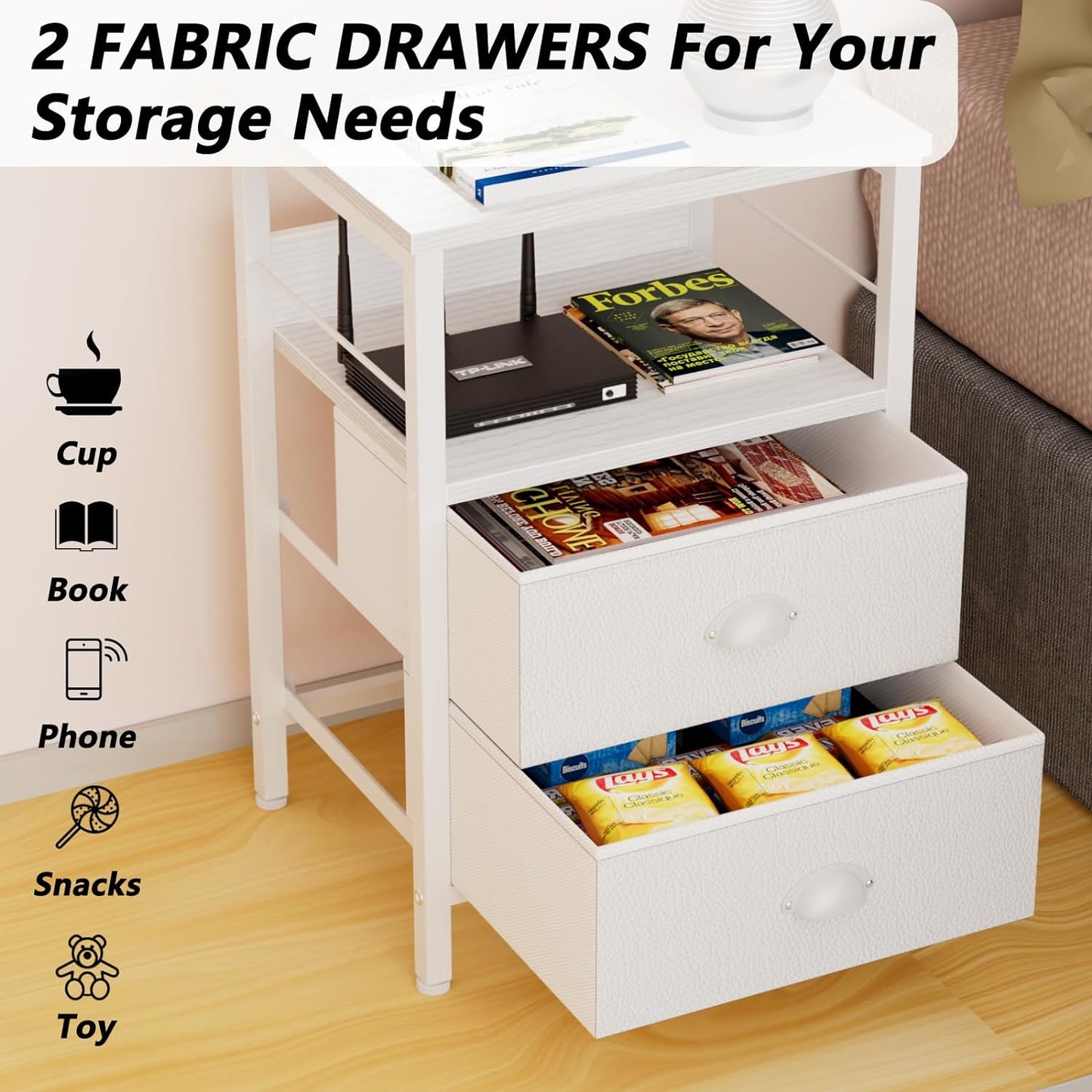 Nightstands Set of 2, End Table with 2 Fabric Drawers, Night Stand with 2 Hooks, Open Wood Shelf Bedside Table for Bedroom/Living Room/White
