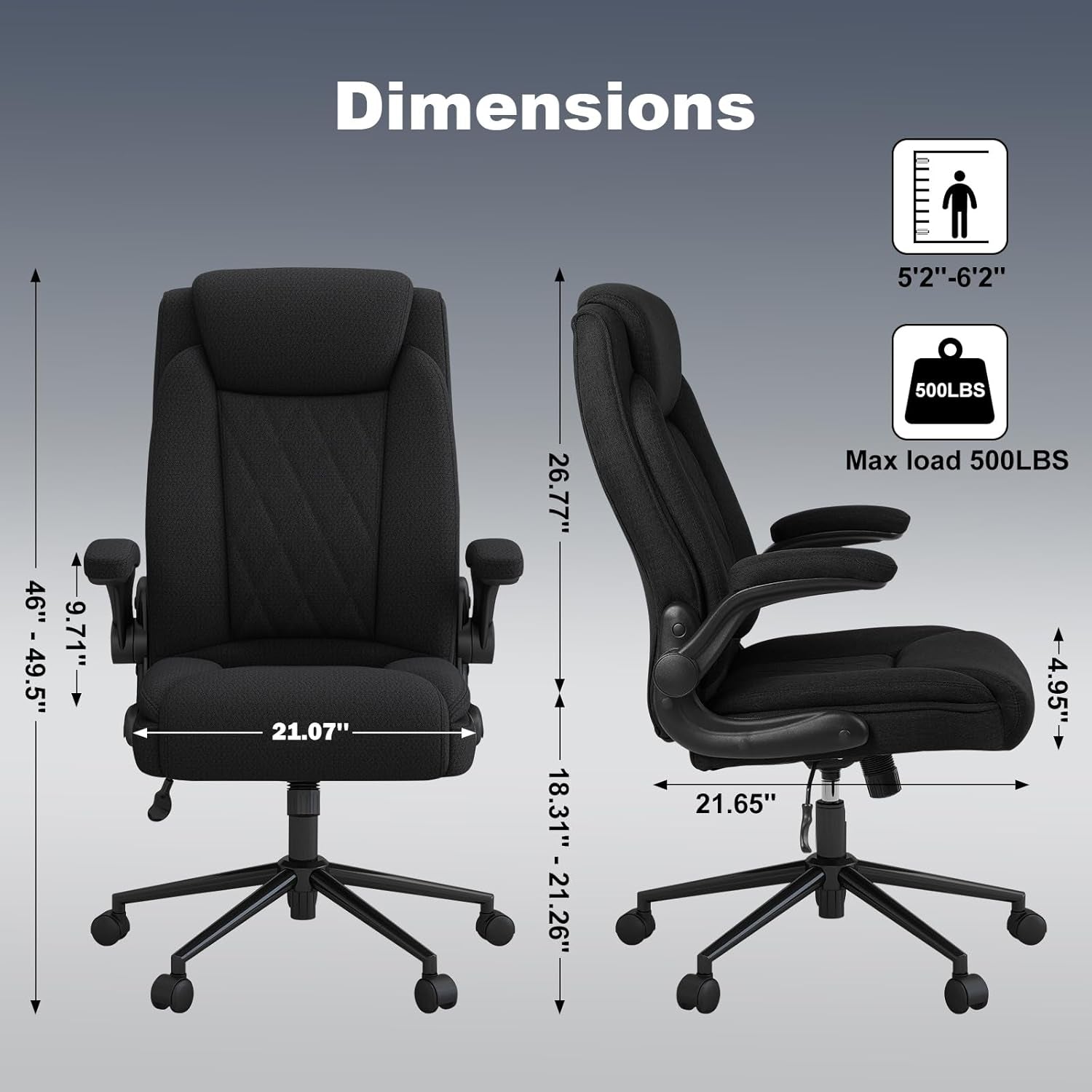Office Chair, Heavy Duty High Back Breathable Fabric Big and Tall Executive Computer Desk Chair with 120° Tilt Rock, Flip up Arm, Hold up to 500Lbs for Big Man (Black)