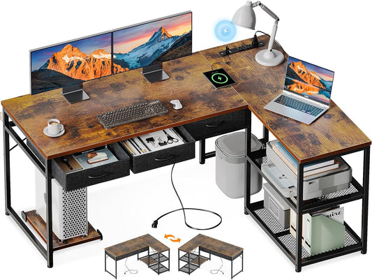 53 Inch L Shaped Computer Desk with Drawers, Corner Desk with Power Outlets & Reversible Storage Shelves, Movable CPU Stand for Home Office Gaming, Vintage