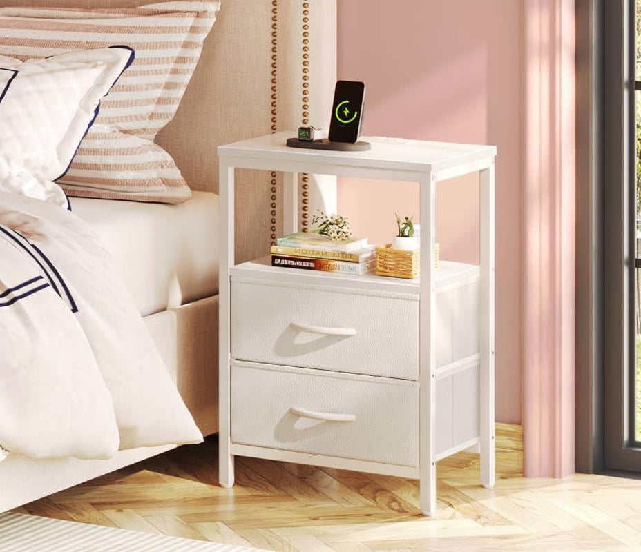 Nightstand with Charging Station, Side Table with 2 Fabric Drawers, End Table with Open Shelf, Bedside Table with USB-C Port and Outlets, Night Stand, PU Leather, White