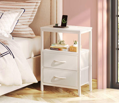 Nightstand with Charging Station, Side Table with 2 Fabric Drawers, End Table with Open Shelf, Bedside Table with USB-C Port and Outlets, Night Stand, PU Leather, White