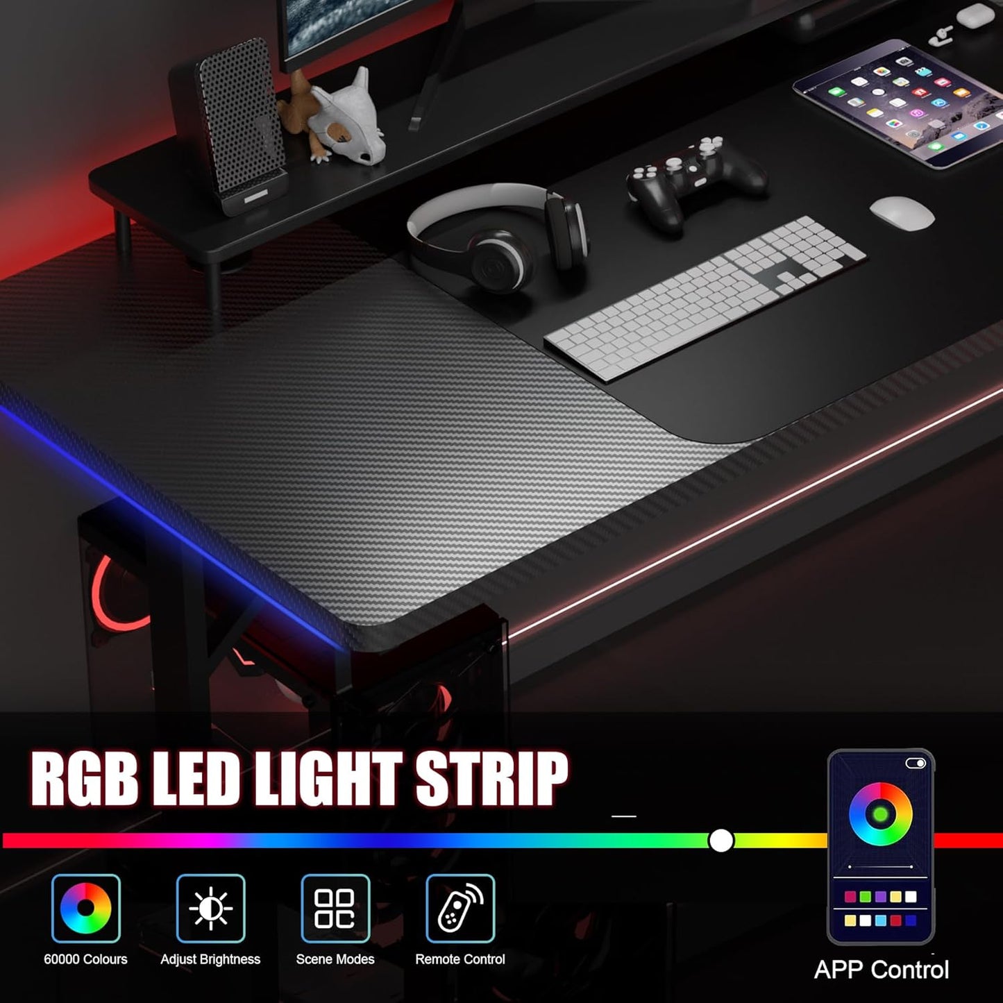 Gaming Desk 55 Inch with LED Lights, Large Computer Desk with Mouse Pad for Home Office, T-Shaped Carbon Fibre Surface PC Game Workstations with Headphone Hook