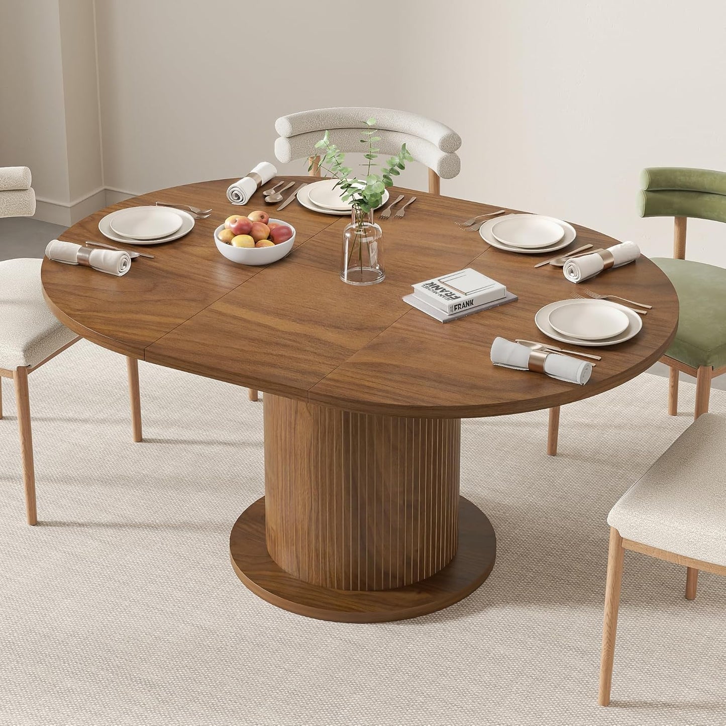 43.3 Inch 59 Inch Adjustable Size round Dining Table for 4 6, Unique Design Modern Farmhouse Kitchen Table, Circle Dining Tables with Wood Strip Base for Kitchen Living Room (Walnut)