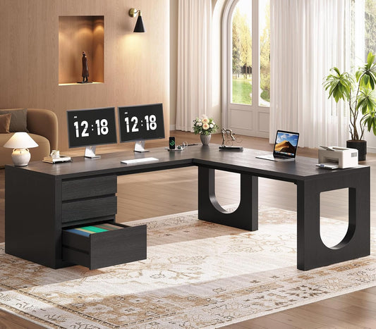 63" L Shaped Desk with 3 Drawers, Modern Executive Office Desk with File Drawer, Wood Corner Computer Desk with Relief Texture, Home Office Desk with Power Outlet, Black