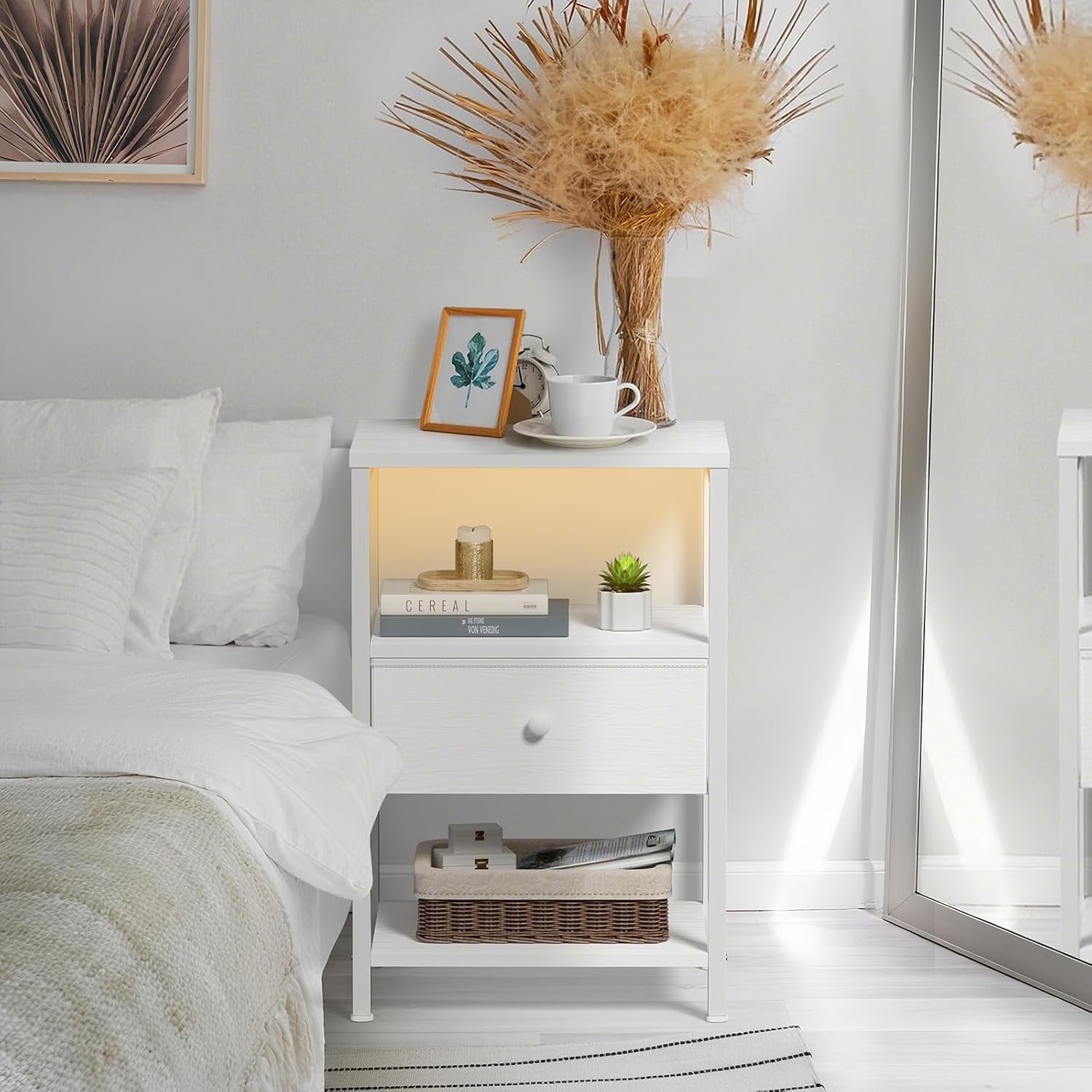 White Nightstand with Charging Station, LED Night Stand with Fabric Drawers and Shelf, Bedside Table with USB Ports and Outlets, Bedroom Nightstand Modern