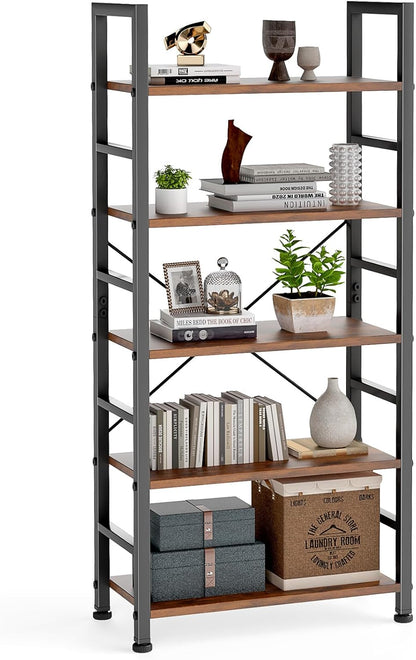 5 Tiers Bookshelf, Classical Modern Book Shelf, Tall Display Shelves in Living Room/Home/Office, Storage Organizer for Cds/Books/Movies, Rustic Brown