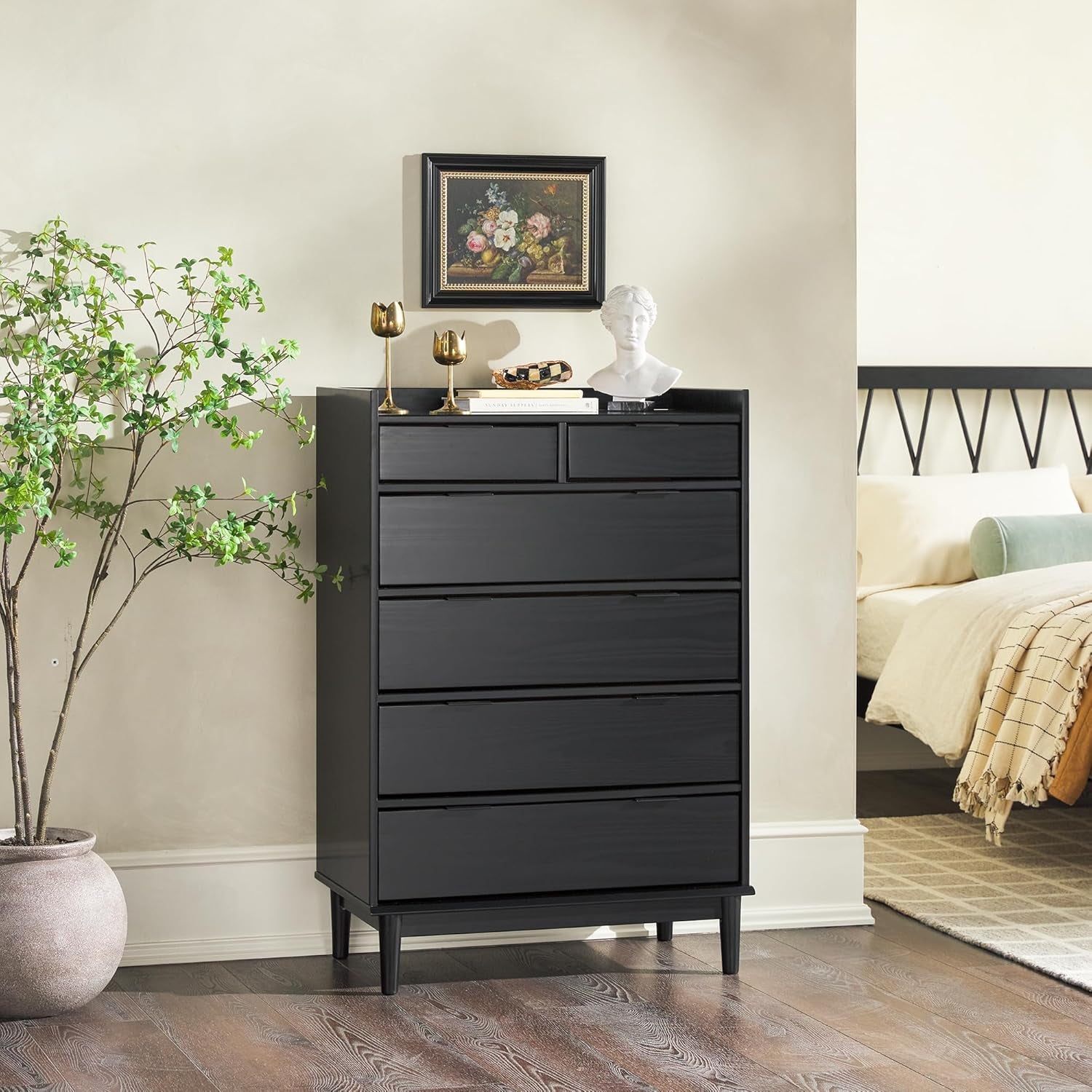 Blythe Mid-Century Modern Tray-Top Solid Wood 6-Drawer Dresser, 30 Inch, Black