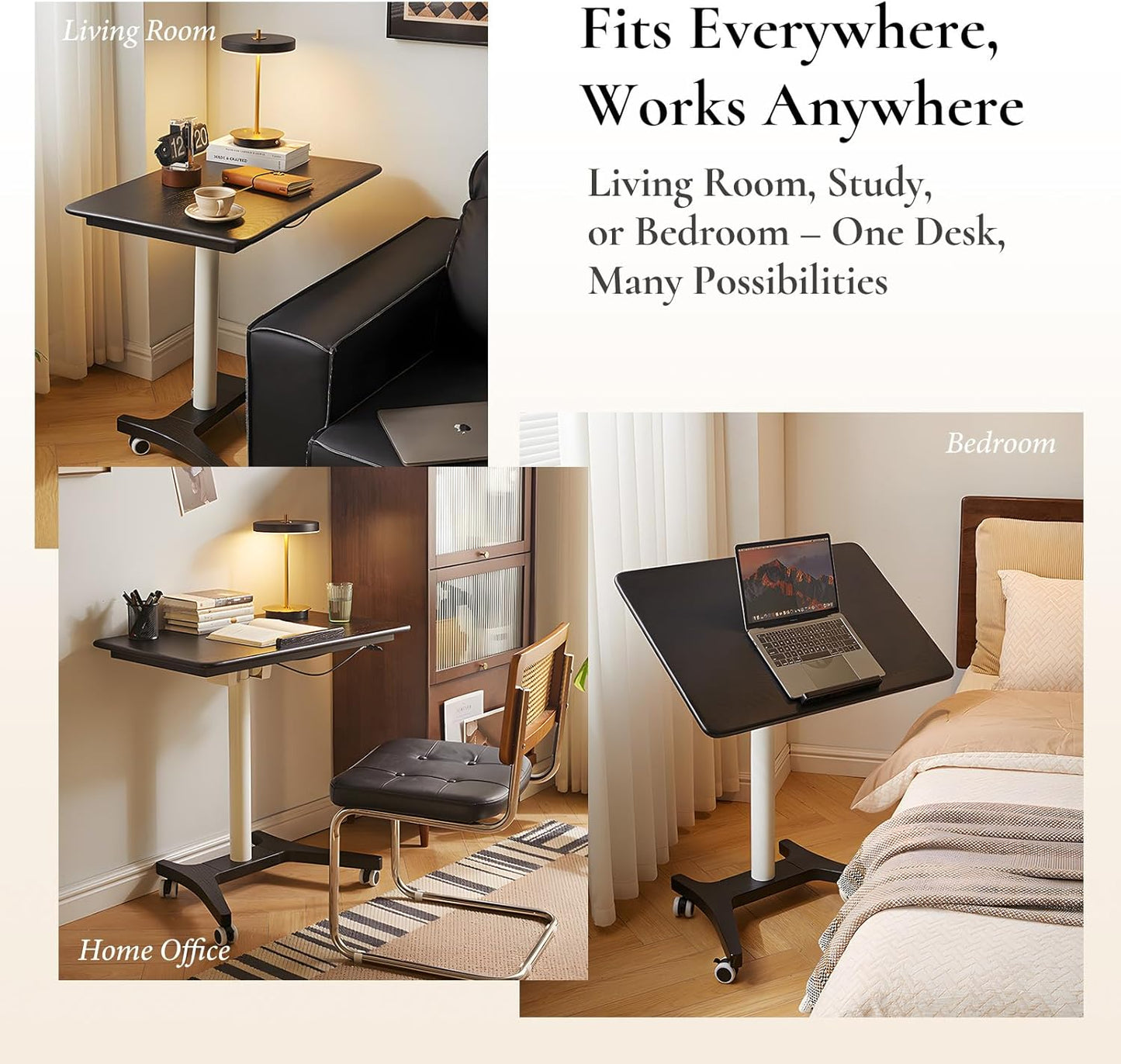 Adjustable Computer Desk, Solid Wood Folding Desk with Wheels, Mobile Home Office Laptop Table, Sit Stand Workstation, Rolling Desk, 28.35-42.52 H X 31.5 W X 19.69 D Inches, Black