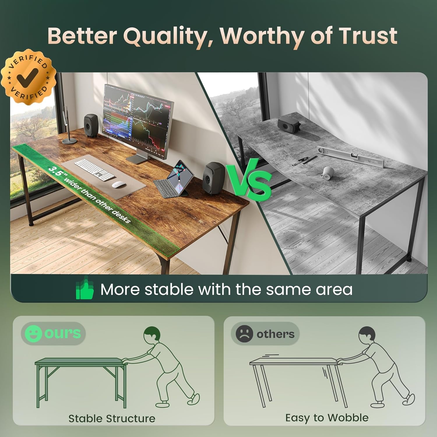 Computer Desk, 55 Inch Home Office Desk, Gaming Writing Work from Home Study Desk, Large Legroom, Sturdy Metal Frame, Modern Simple, Rustic Brown