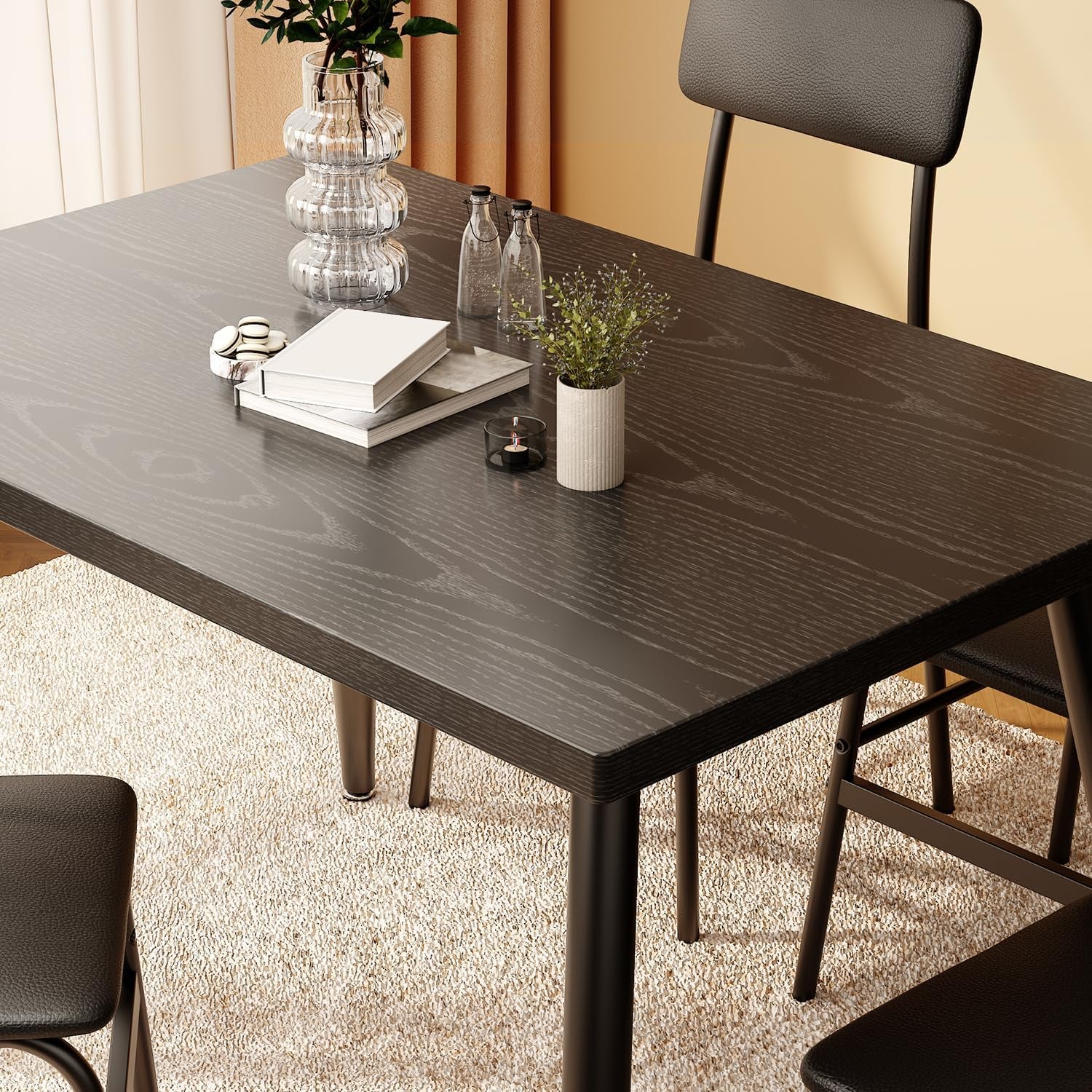 5 Piece Dining Table Set for 4, Modern Metal & Wood Kitchen Dinner Table with 4 Chairs, Space-Saving Dining Room Furniture Table & Chair Sets for Small Spaces & Apartment, Black