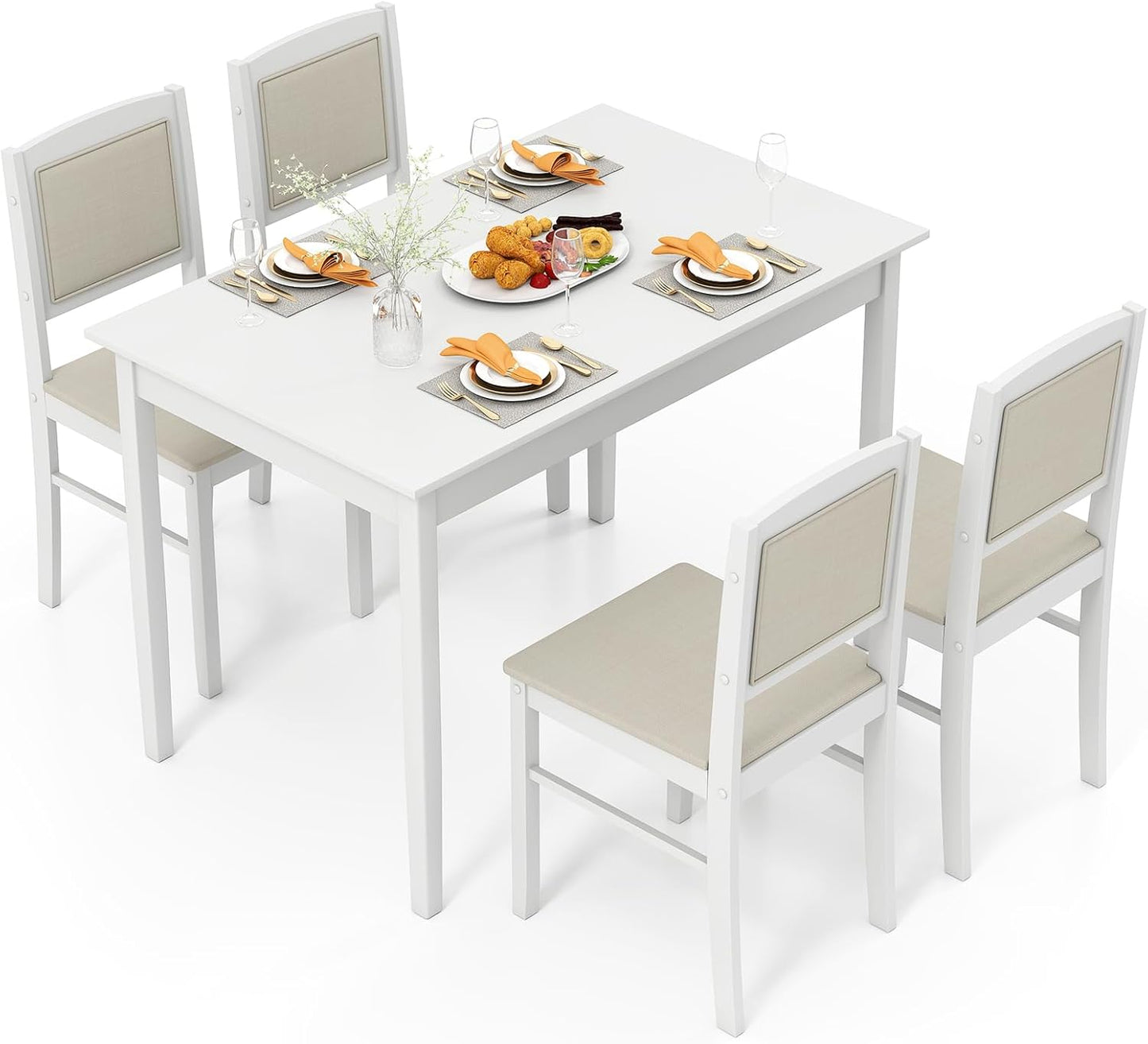 5-Piece Dining Table Set for 4 - Breakfast Nook Table Set with Kitchen Table, 4 Upholstered Chairs, Wood Legs, Space-Saving Dinette Set, Kitchen Table Chairs Set of 4 (White+Beige)
