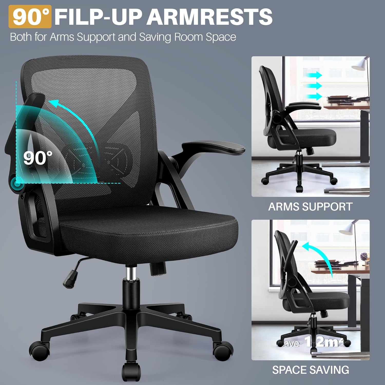 Office Chair - Ergonomic Desk Chair Breathable Mesh Task with Wheels and Lumbar Support Home Desk Office Chairs with Flip up Armrest Rolling Swivel for Home Computer Black