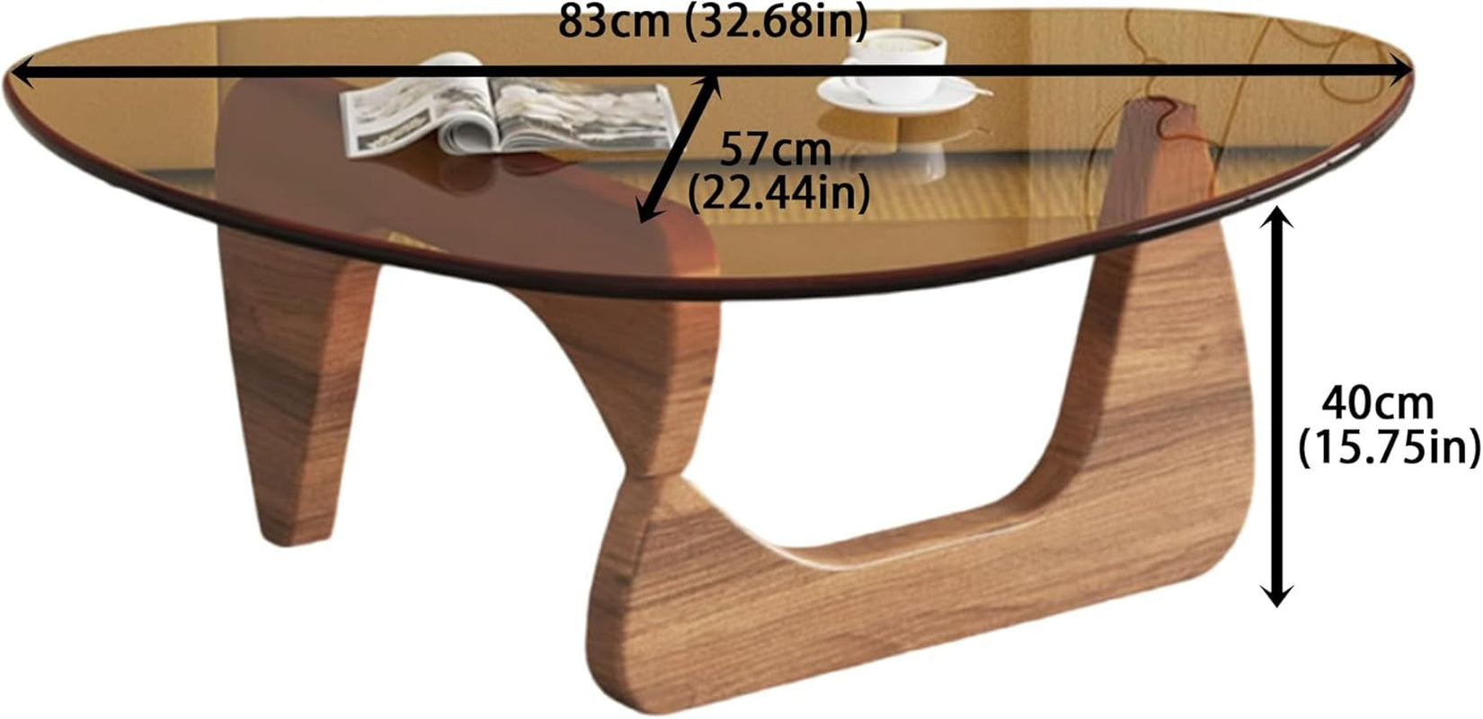Modern Glass Coffee Table, 32.68" D X 22.44" W X 15.75" H, Abstract round Tea Tables for Living Room Home Office Industrial Cocktail Tables (Walnut-Brown Glass, 32.68")