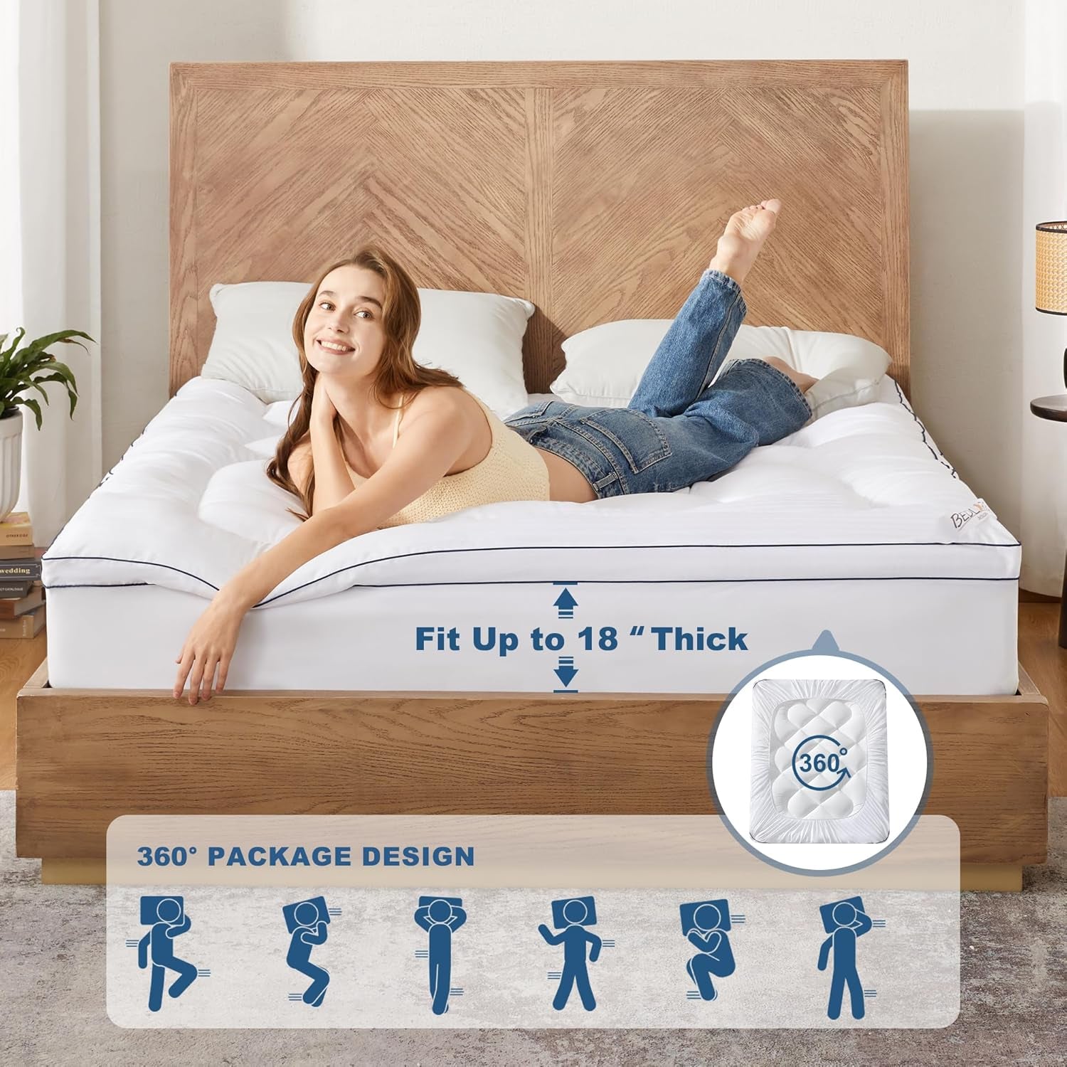 Queen Mattress Topper, Thick Pillow Top Bed Cover for Back Pain Relief, Soft Mattress Pad with Deep Pockets 6-18 Inch