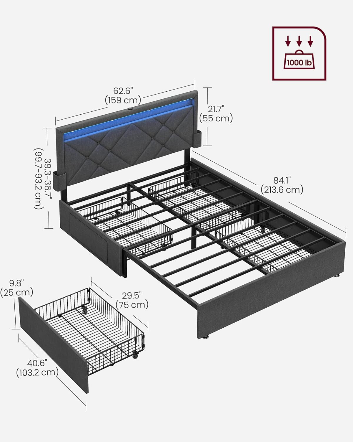 Queen Bed Frame with 51.4 Inch Tall Storage Headboard, Bed Frame Queen Size with 4 Storage Drawers on Wheels, LED Lights, Charging Station, No Box Spring Needed, Modern, Dark Gray URMB891G02