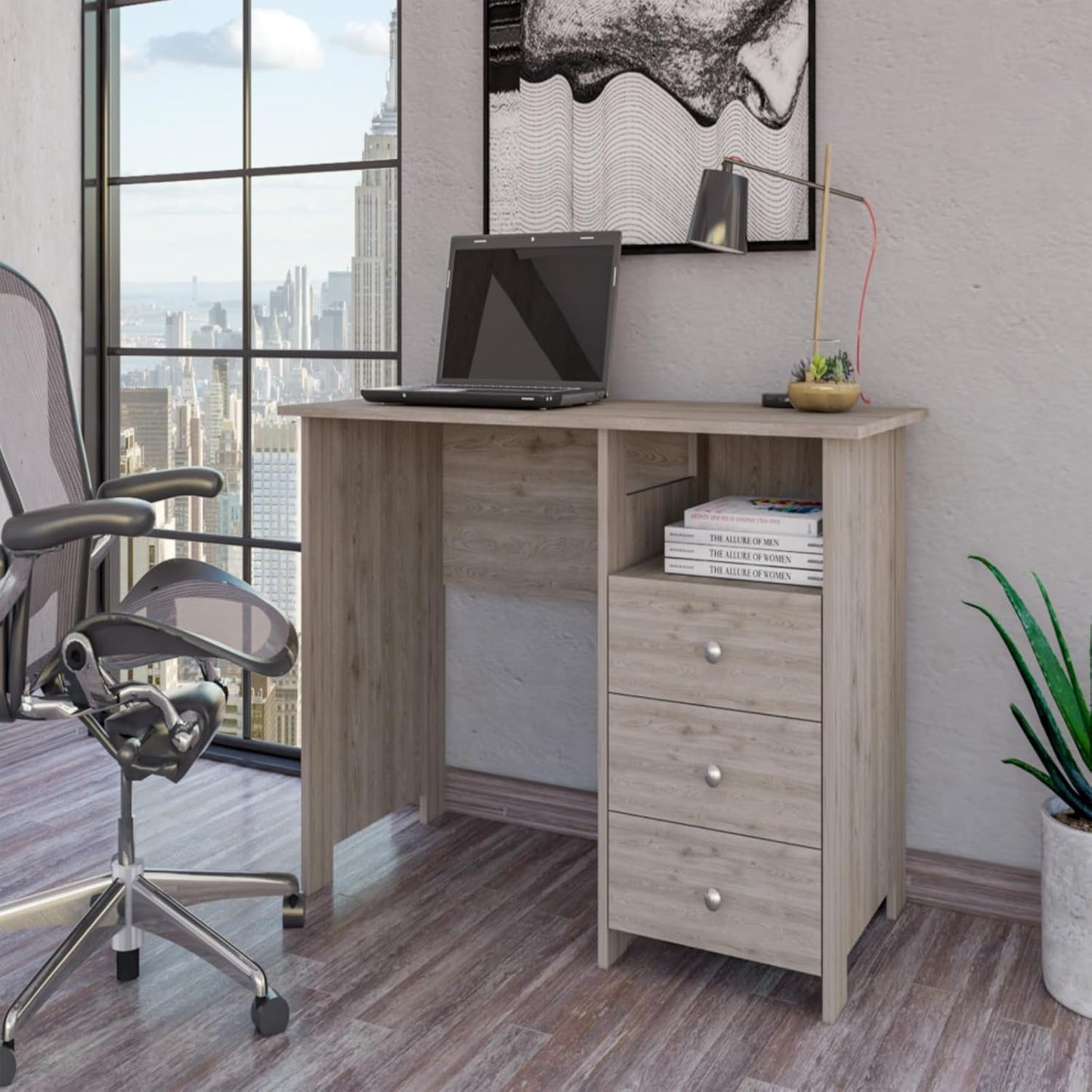 Modern Look Wooden Computer Desk with Open Storage Shelf and 3-Drawers, Multifunctional and Practical Study Writing Table for Studio Apartments, Dorms, Bedrooms, and Small Offices