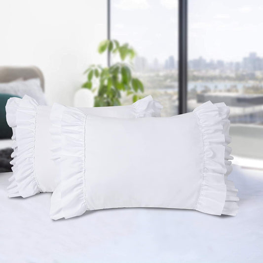Pack of 2 Chic Ruffle Pillow Shams, King Size White French Country Style Vintage Pillowcases with Handcraft Ruffle, Boho Frilly Pillow Shams for Bedroom, Microfiber, 20" X 36" (Emory)
