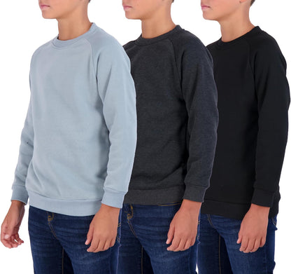 3 Pack Boys' Fleece Crew Neck Long Sleeve Sweatshirt - Soft Pullover Sweaters for Youth Kids Boys & Girls