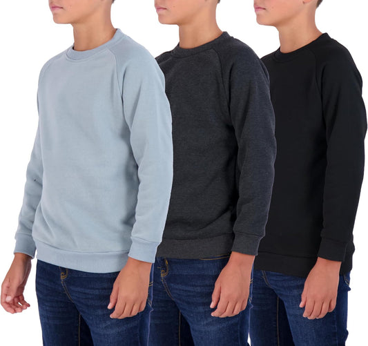 3 Pack Boys' Fleece Crew Neck Long Sleeve Sweatshirt - Soft Pullover Sweaters for Youth Kids Boys & Girls