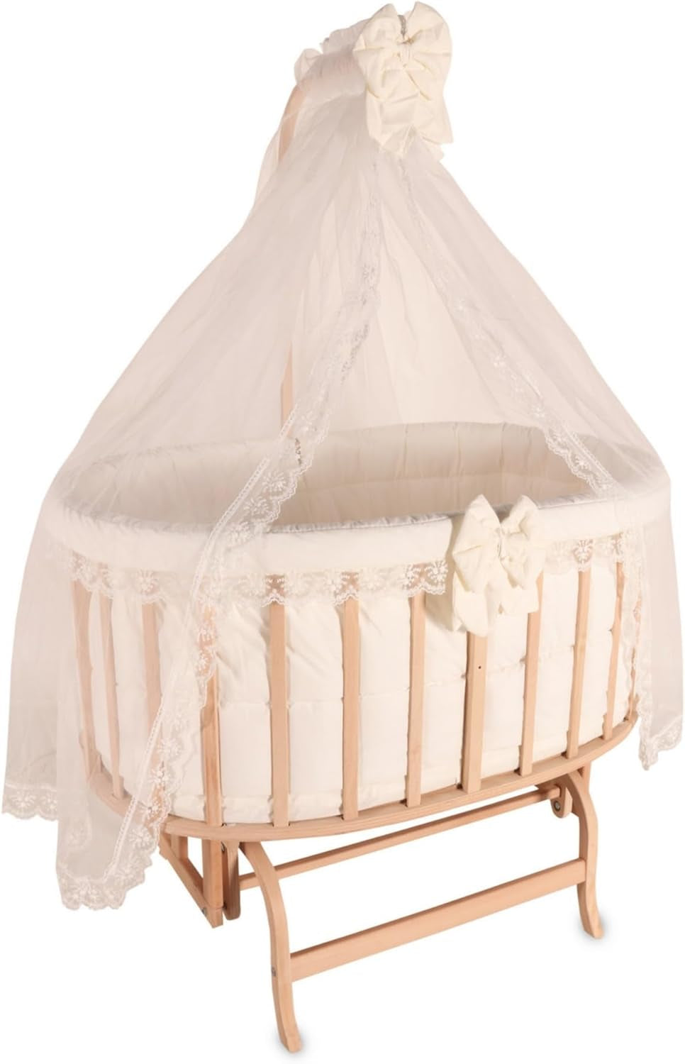 Wooden Baby Bassinet with Canopy, Natural Beech Cradle with Rocking & Locking Function, Includes 100% Cotton Bedding Set, Mattress, Pillow, Bumper, Mosquito Net, Baby Crib for Newborn to 24 Months
