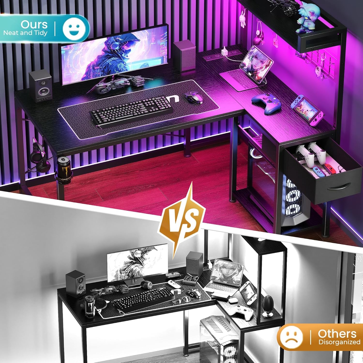 L Shaped Gaming Desk with Shelves, Corner Computer Table with LED Lights, Power Outlets and USB-C Ports, 42 Inch Reversible Home Office Desk with Storage Drawer, for Work and Study, Black