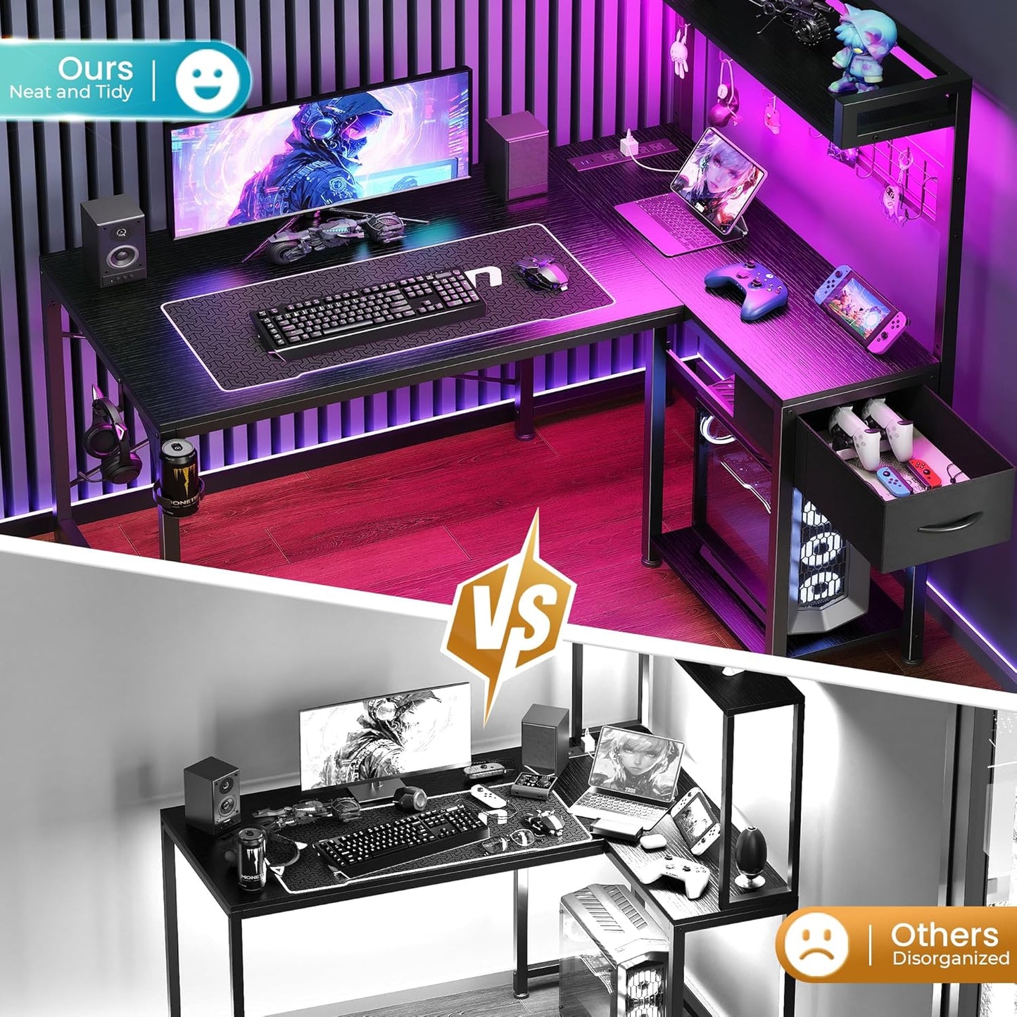 L Shaped Gaming Desk with Shelves, Corner Computer Table with LED Lights, Power Outlets and USB-C Ports, 42 Inch Reversible Home Office Desk with Storage Drawer, for Work and Study, Black