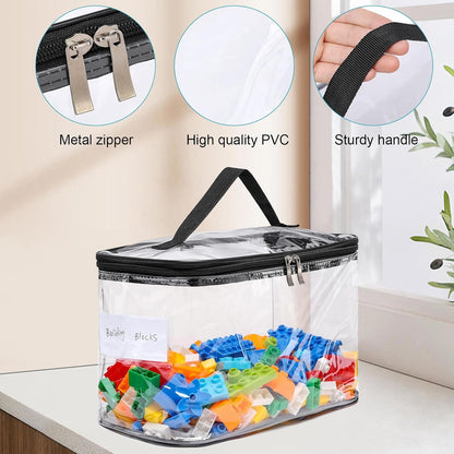 4 Pack Large Clear Storage Bags for Toys with Name Tag, Waterproof Duty PVC Toy Organizer Bag for Building Blocks, Board Games, Puzzles, Stationery and Other Small Items, Storage Bins(12.6X7.9×6.3 In)