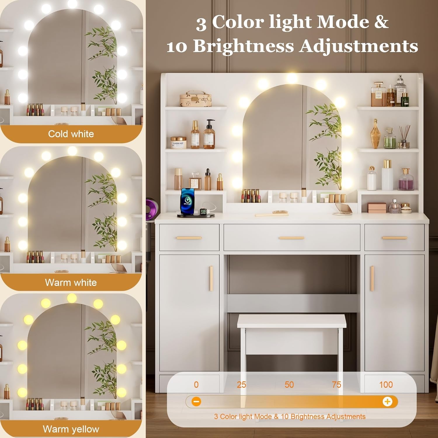 Vanity Desk with Mirror and 11 LED Lights, 43'' Makeup Vanity Table with Power Outlet & Chair, Dressing Table with 3 Drawers, 2 Cabinets and 6 Open Shelfs for Bedroom, White
