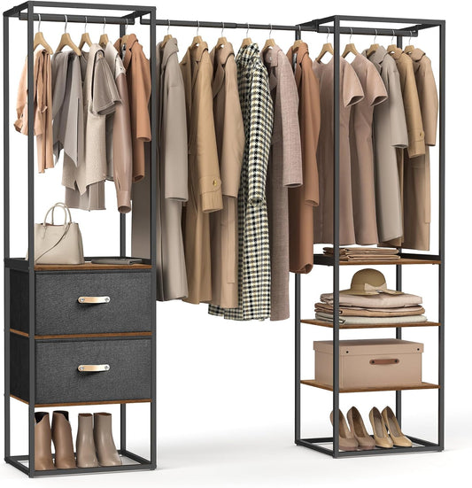 Clothes Rack, 70.9 Inch Wardrobe Freestanding Closet, Heavy Duty Garment Rack with 1 Extendable Hanging Rod, 2 Drawers and 4 Shelves, for Bedroom, Space-Saving, Rustic Brown URGR003B01