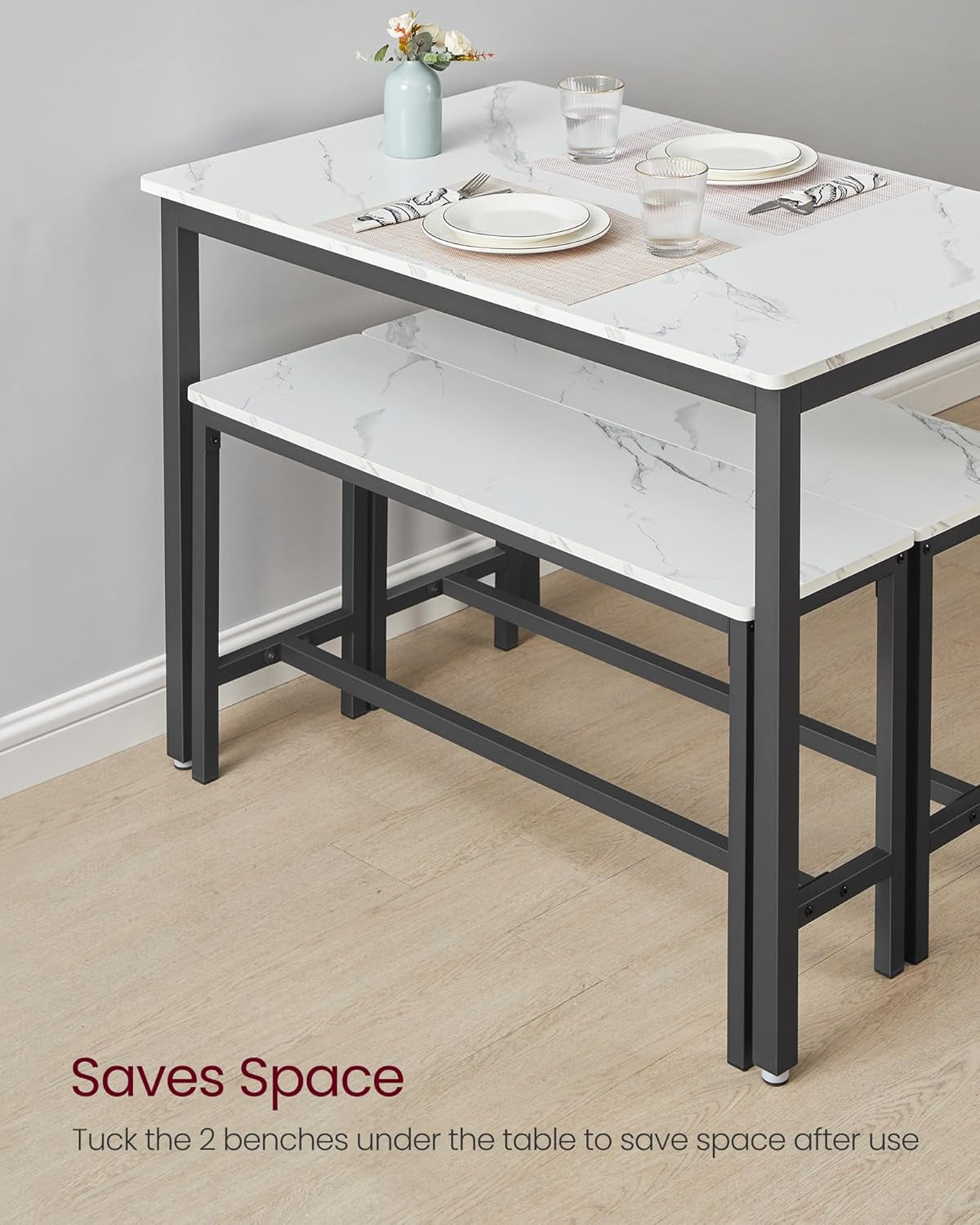 Dining Table Set for 4, Kitchen Table with 2 Benches, 43.3 X 27.6 X 29.5 Inches Dining Room Table, 38.2 X 11.8 X 19.7 Inches Bench, Marble White and Ink Black UKDT070B59
