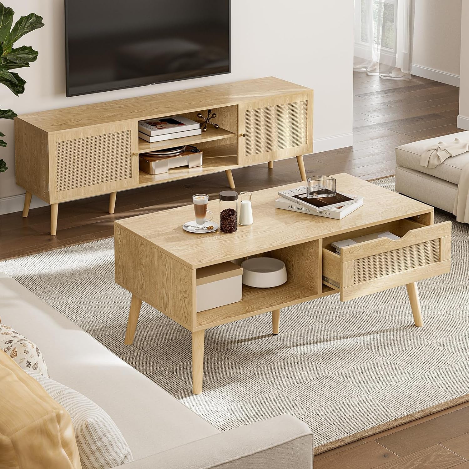 Coffee Table with Storage, Boho Dining Table with Rattan Drawer and Solid Wood Legs, Small Coffee Tables for Living Room, Oak