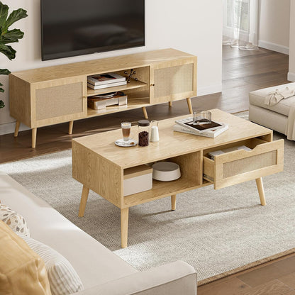 Coffee Table with Storage, Boho Dining Table with Rattan Drawer and Solid Wood Legs, Small Coffee Tables for Living Room, Oak