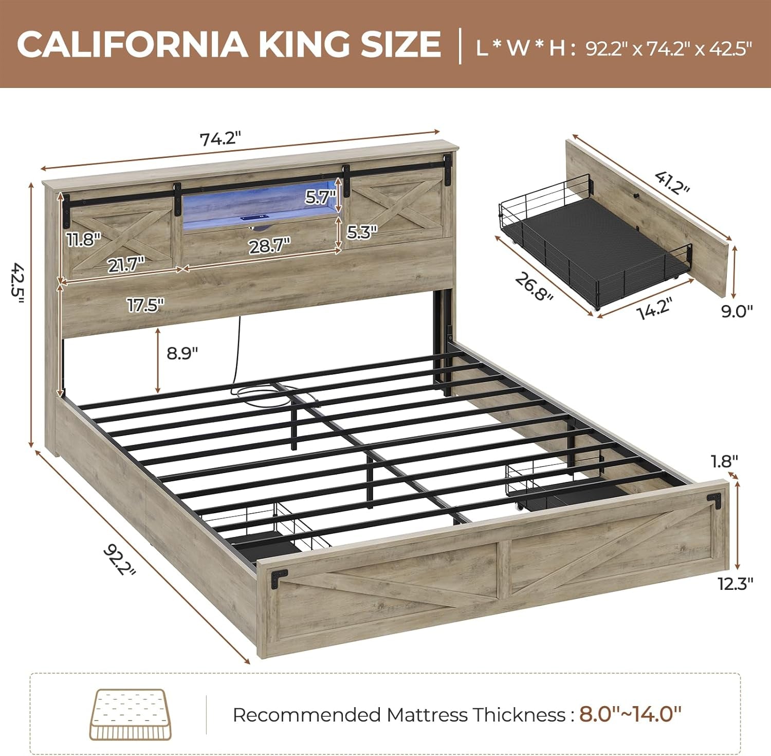 Farmhouse Bed Frame California King Size with Storage Bookcase Headboard, Wooden Cal King Bed with LED Lights, Charging Station, 2 Drawers, Country Rustic Bed Frame with Sliding Barn Door