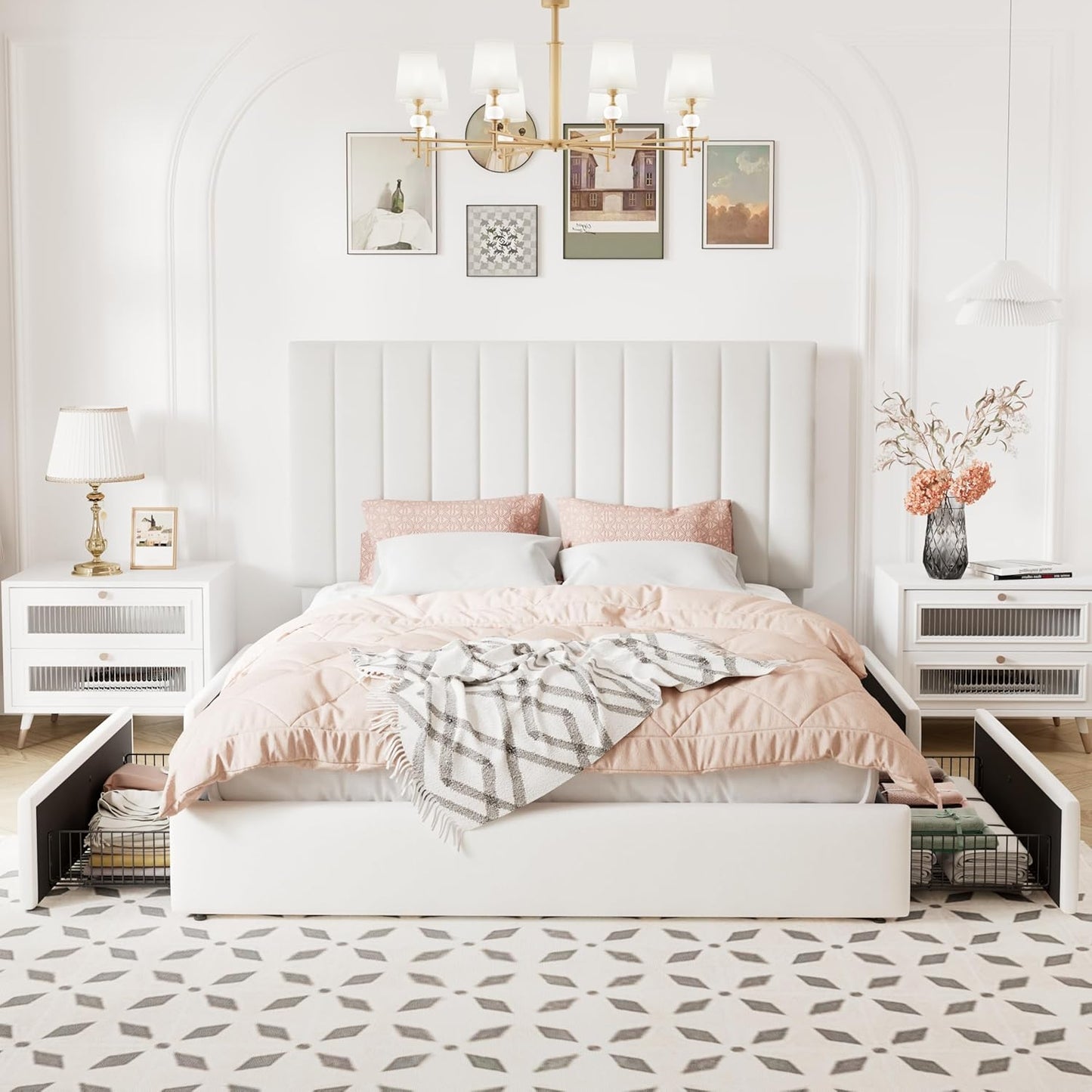 Queen Size Storage Bed Frame, Vertical Channel Tufted Adjustable Headboard, Velvet Upholstered Platform Bed with 4 Oversized Underbed Drawers, Wooden Slats Support, No Box Spring Needed, White