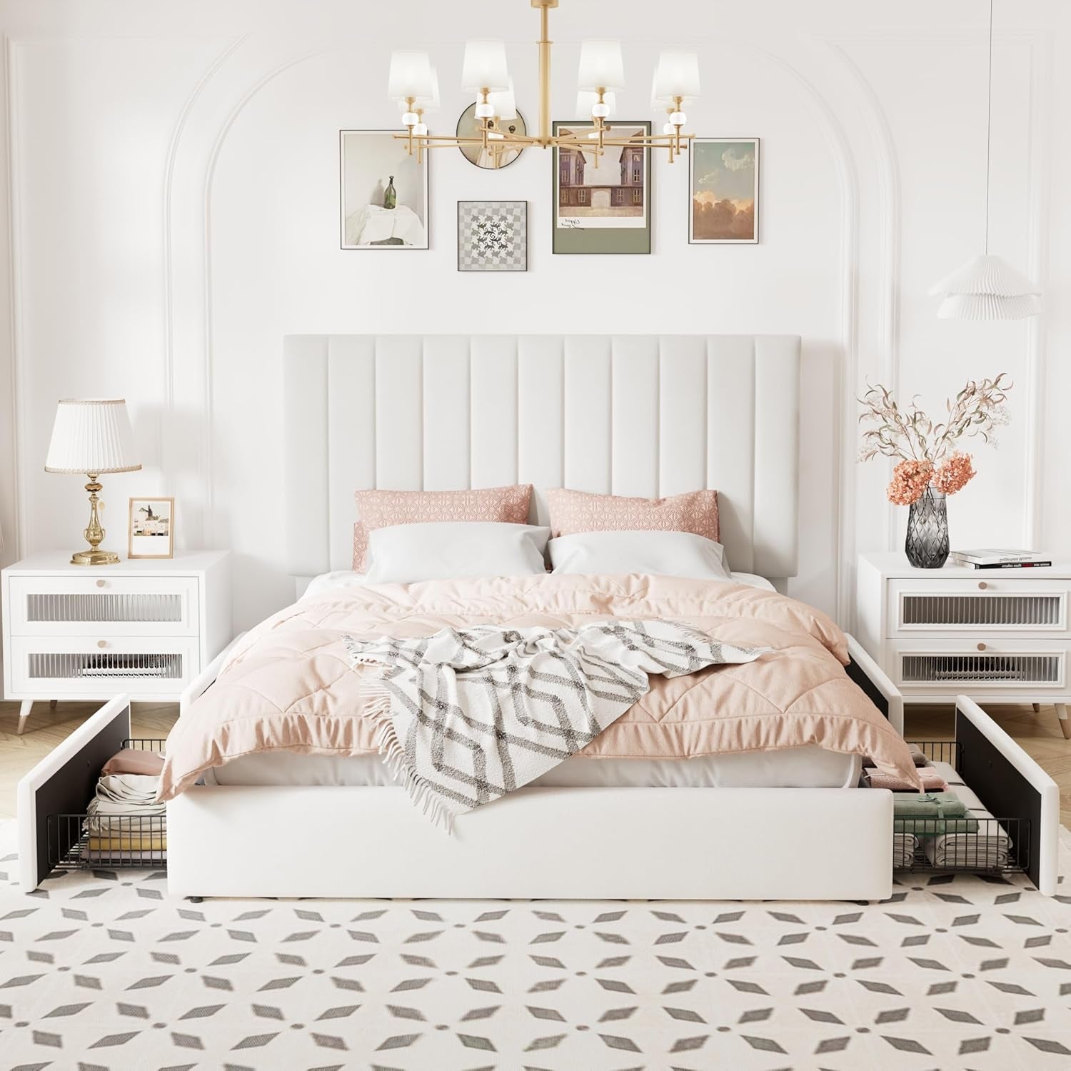 Queen Size Storage Bed Frame, Vertical Channel Tufted Adjustable Headboard, Velvet Upholstered Platform Bed with 4 Oversized Underbed Drawers, Wooden Slats Support, No Box Spring Needed, White