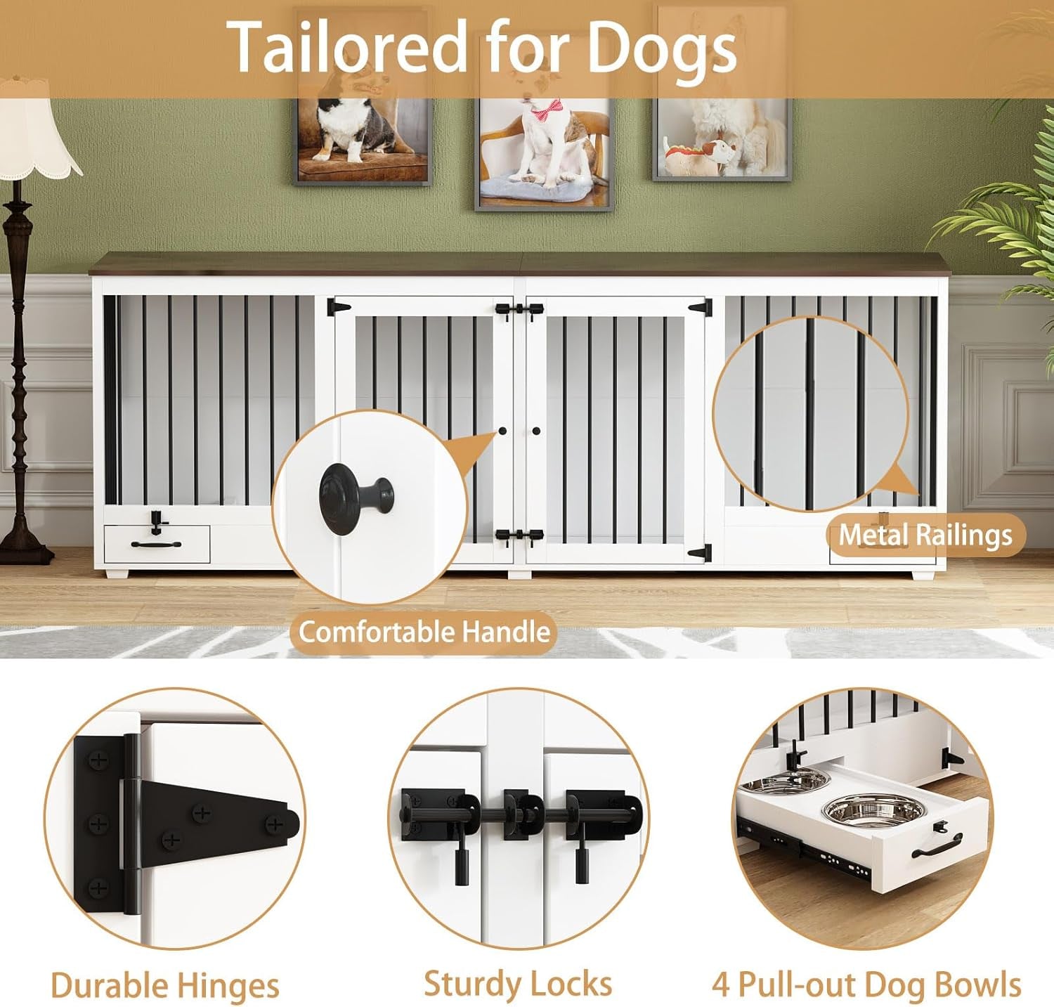 Furniture Style Large Dog Crate for 2 Dogs, 86.6" Heavy Duty Wooden Dog Kennel with Dog Bowl Drawers & Divider, Indoor Furniture Style Dog Kennel for Large Medium Dogs, White