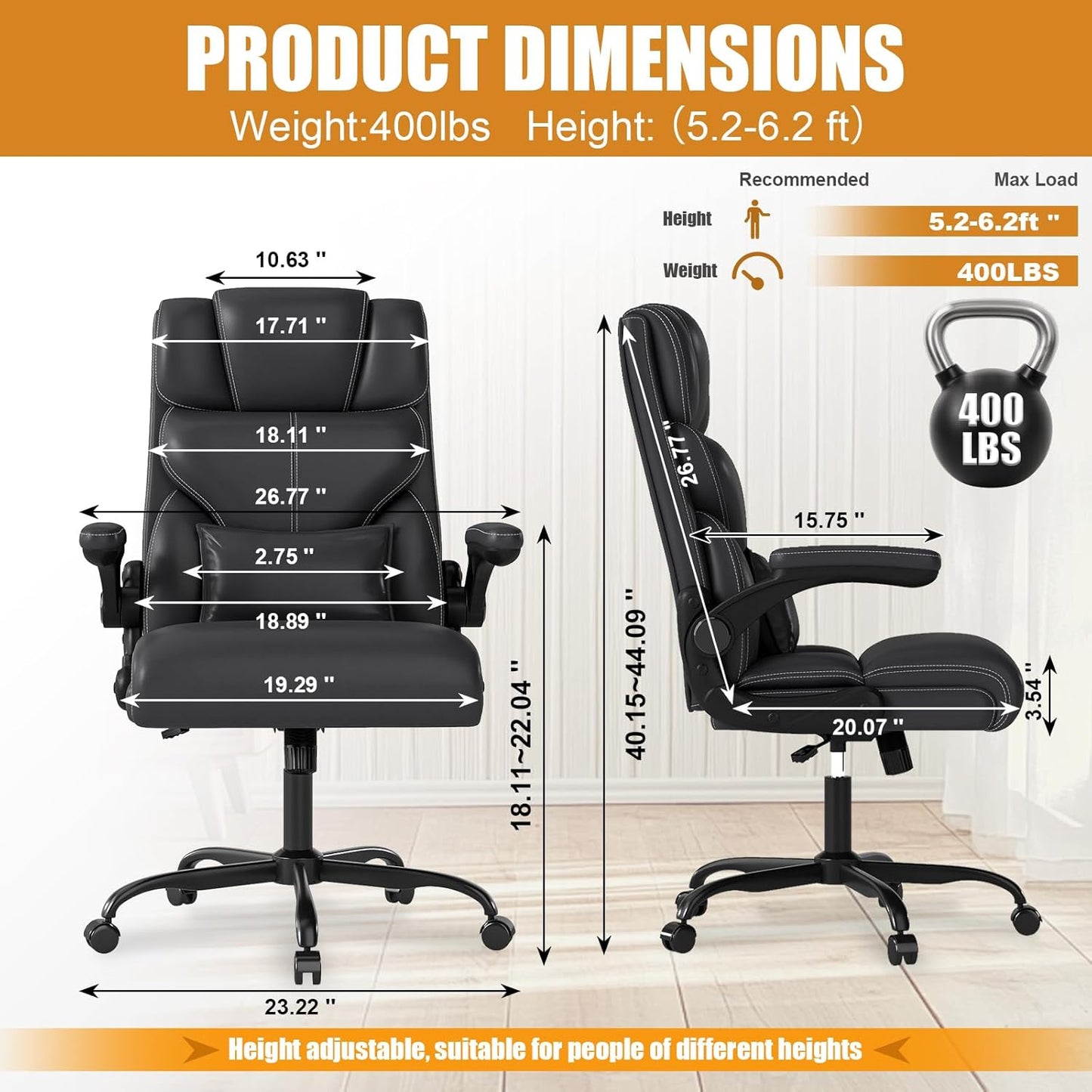 Executive Office Chair with Flip-Up Armrests,Ergonomic Computer Desk Chairs,Big and Tall Leather Office Chair 400Lbs,Lumbar Support Swivel PC Chair with Rocking Function