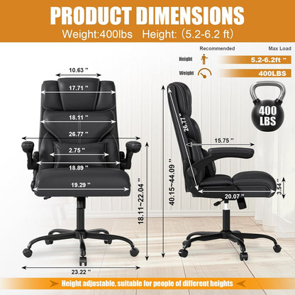 Executive Office Chair with Flip-Up Armrests,Ergonomic Computer Desk Chairs,Big and Tall Leather Office Chair 400Lbs,Lumbar Support Swivel PC Chair with Rocking Function