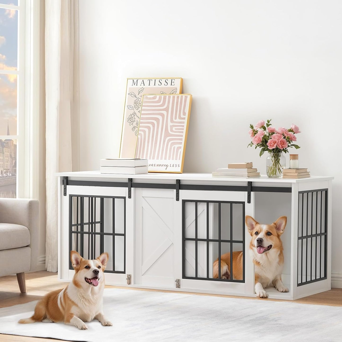 Dog Crate Furniture for 2 Dogs, 63" Heavy Duty Dog Kennel with Sliding Barn Door, Wooden Double Dog Crate with Divider for Small Medium Dogs, Indoor Dog Cage TV Stand, White DCHW16001N1