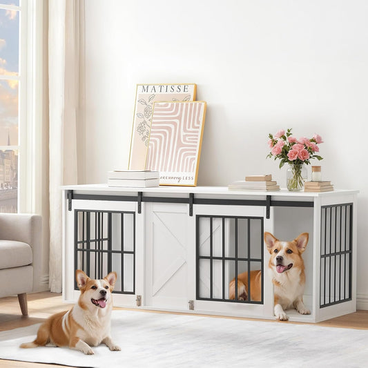 Dog Crate Furniture for 2 Dogs, 63" Heavy Duty Dog Kennel with Sliding Barn Door, Wooden Double Dog Crate with Divider for Small Medium Dogs, Indoor Dog Cage TV Stand, White DCHW16001N1