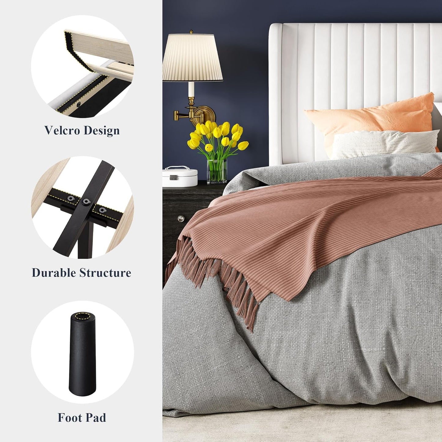 Full Size Velvet Bed Frame/Vertical Channel Tufted Wingback Headboard/Upholstered Platform Bed/Strong Wooden Slats/No Box Spring Needed/Easy Assembly/White