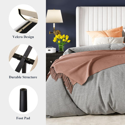 Full Size Velvet Bed Frame/Vertical Channel Tufted Wingback Headboard/Upholstered Platform Bed/Strong Wooden Slats/No Box Spring Needed/Easy Assembly/White