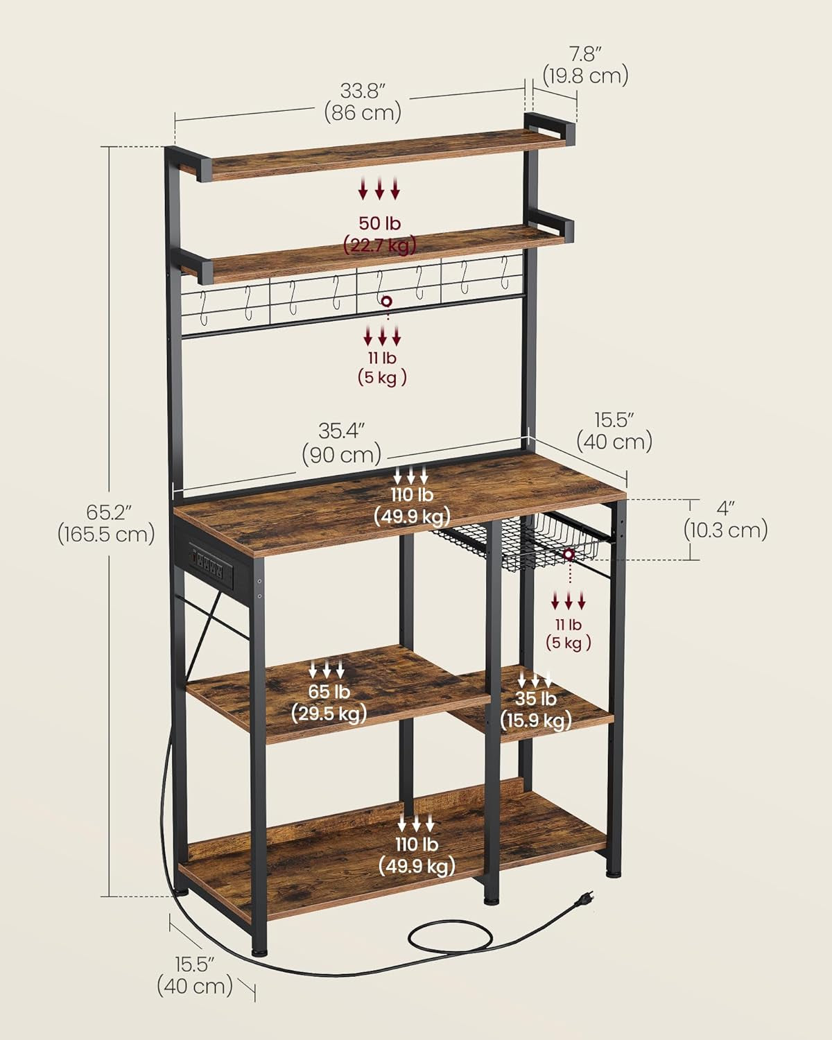 Bakers Rack with Power Outlet, 35.4 Inches Microwave Stand, Coffee Bar, 4 AC Outlets, with Adjustable Shelves, 8 S-Hooks, Basket, Spice Racks, Heather Greige and Ink Black UKKS031K02