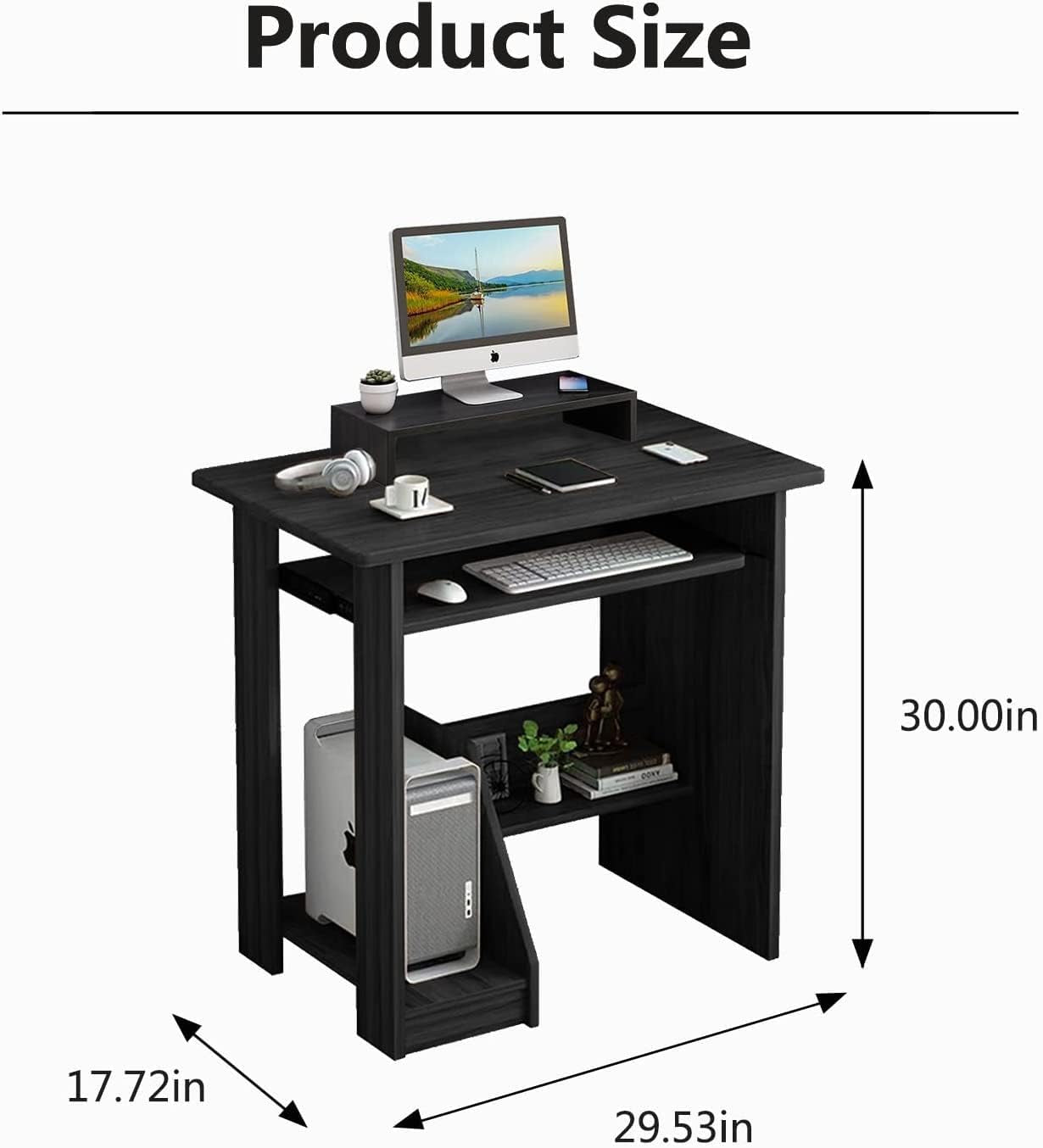 30 Inch Gaming Desk Computer Desk with Keyboard Tray Monitor Stand Storage Shelves CPU Stand, Industrial Small Desk for Small Spaces, Home Office Desk, Black