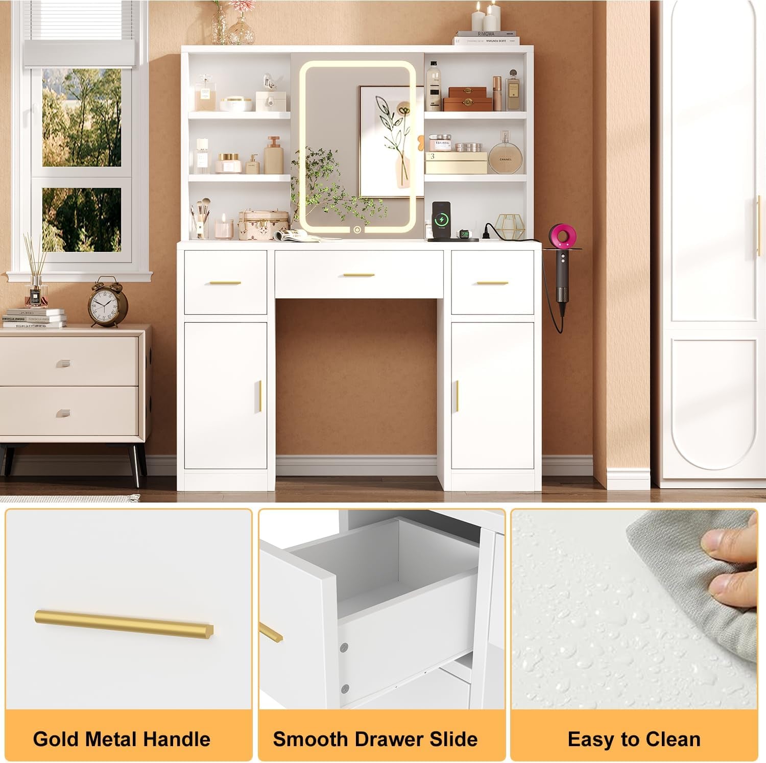 Vanity Desk with Sliding Mirror & LED Lights, Smart Makeup Table with Charging Station, Hairdryer Holder, 7 Shelves, 3 Drawers, 2 Cabinets, Vanity with Extra Hidden Stroage for Bedroom,White